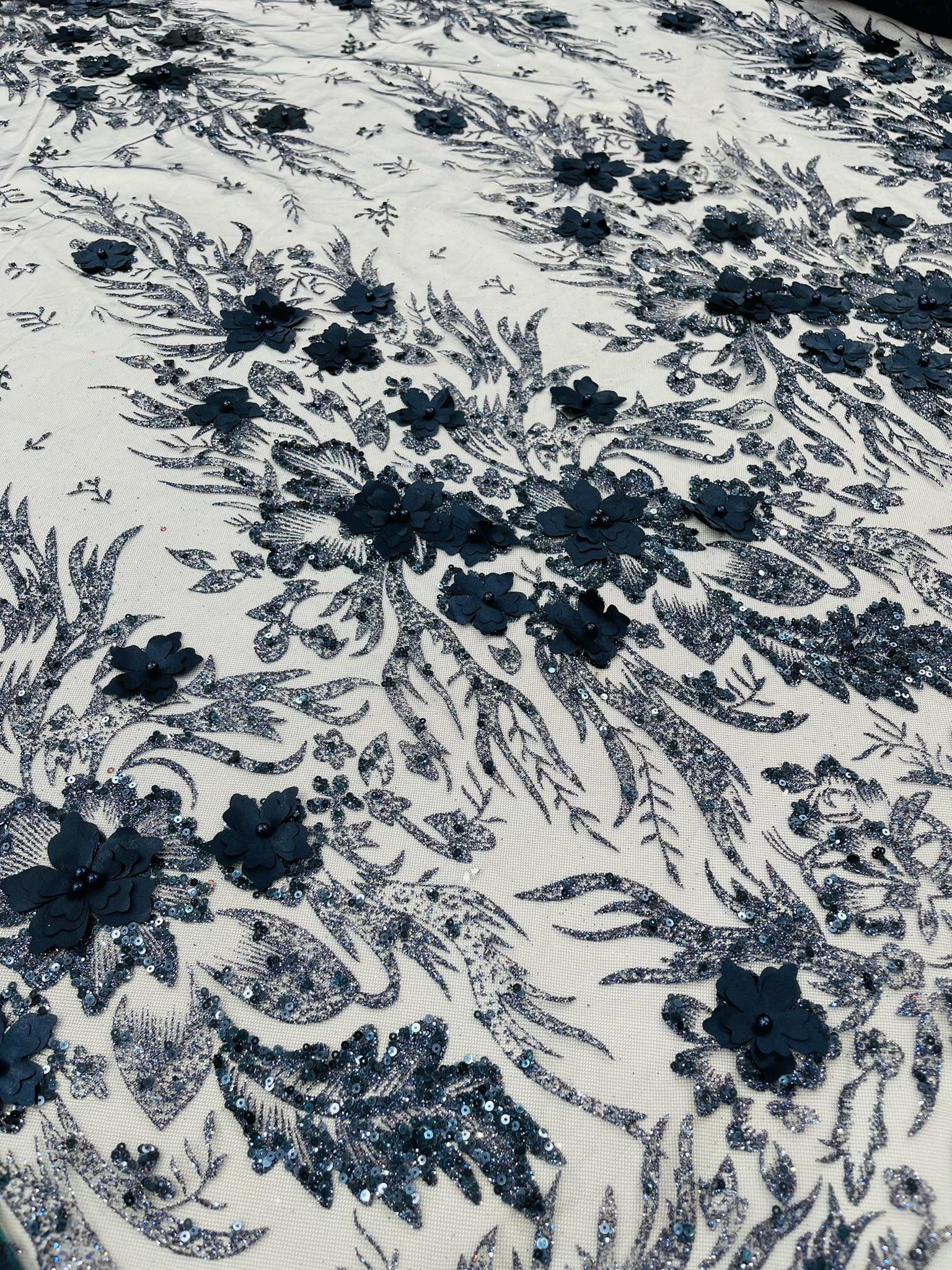 Navy Blue 3D Floral Big Glitter Damask Design on A Mesh Lace Fabric ...