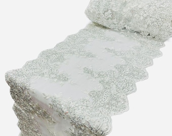 WHITE 14"Wide X 90"Long  Sequins Silver Metallic Embroidered Lace on Mesh Fabric, Trim Lace, Table Runner.