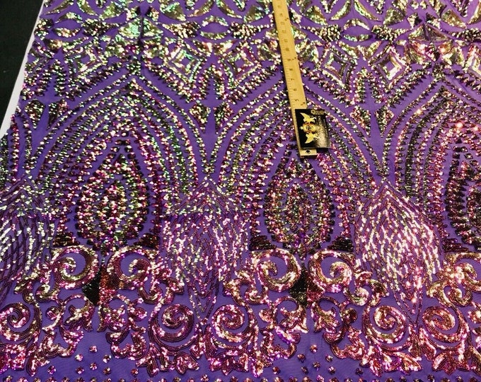 Purple iridescent sequin diamond design on a 4 way stretch mesh-prom-nightgown-Sold by the yard