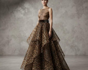 Gold Black Leopard Animal Print ON Liquid Organza Fabric | 58" Wide| Apparel| Dresses.