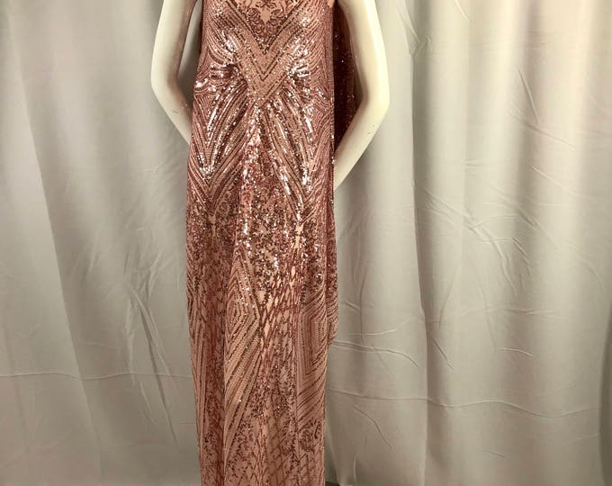 Dusty rose geometric diamond design embroider with sequins on a 2 way stretch mesh lace-dresses-fashion-nightgown-sold by yard.