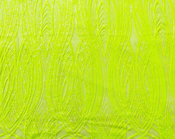 Neon Green Feather damask glossy sequin design on a 4 way stretch mesh-prom-sold by the yard.