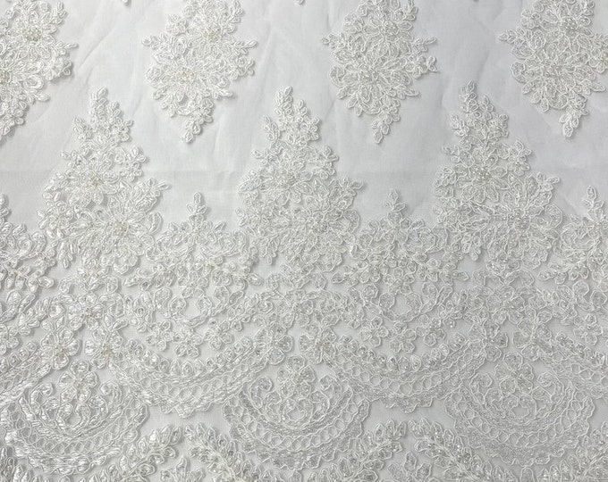 Ivory - Erin Diamond Beaded Metallic Floral Embroider On a Mesh Lace Fabric-Sold By The Yard-