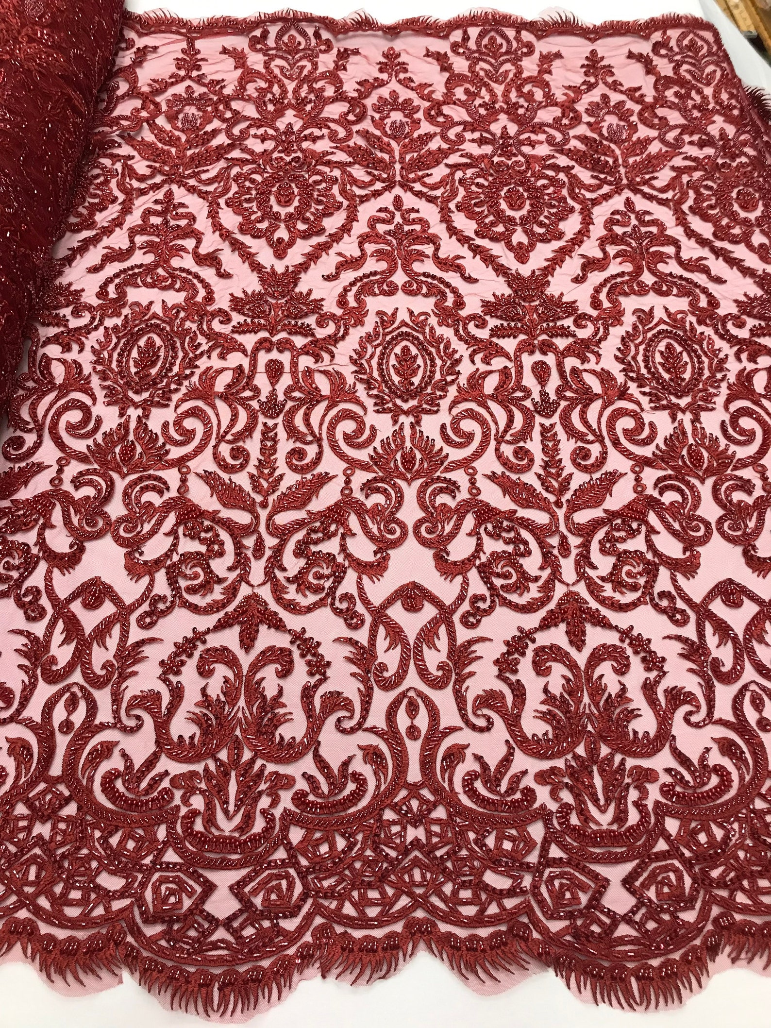 Burgundy floral damask embroider and heavy beaded on a mesh lace fabric-sold by the yard- main image 0