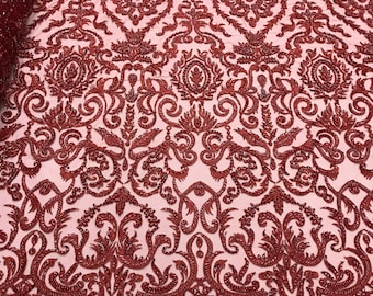 Burgundy floral damask embroider and heavy beaded on a mesh lace fabric-sold by the yard-