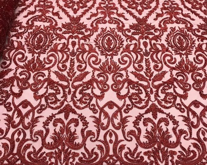 Burgundy floral damask embroider and heavy beaded on a mesh lace fabric-sold by the yard-