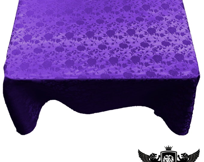 Purple Square Tablecloth Roses Jacquard Satin Overlay for Small Coffee Table Seamless.