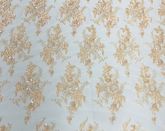 Gorgeous Blush Peach French design embroider and beaded on a mesh lace. Wedding/Bridal/Prom/Nightgown fabric.