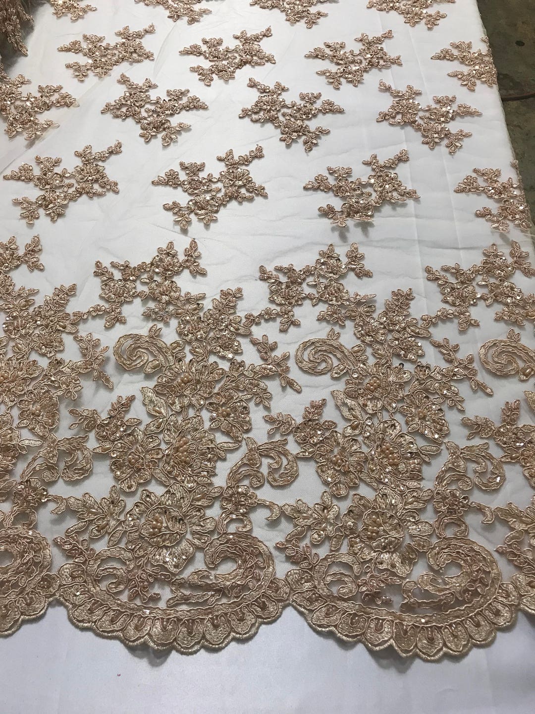 CHAMPAGNE FLORAL DESIGN EMBROIDERY WITH IRIDESCENT SEQUIN ON A MESH-SOLD BY YARD main image 1