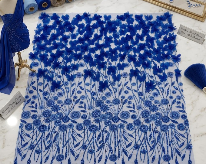 Royal Blue 3D Floral Butterfly Lace Fabric by the Yard, Beaded Mesh Lace for Prom Dress, Bridal Gown, Couture Fabric