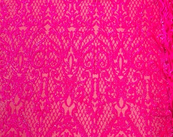 Hot Pink holographic Heart Damask sequin design on a 4 way stretch mesh fabric-prom-sold by the yard.