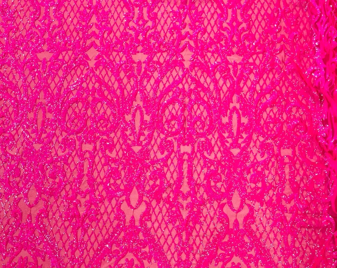Hot Pink holographic Heart Damask sequin design on a 4 way stretch mesh fabric-prom-sold by the yard.