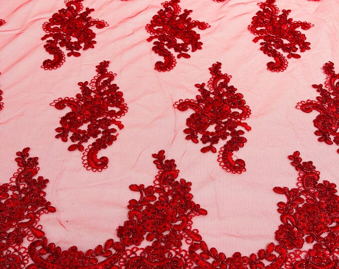 Metallic Red flower lace corded and embroider with sequins on a mesh-Sold by the yard.