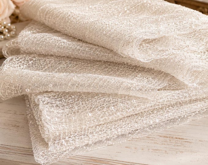 Ivory Pearl Sequin Lace Fabric By The Yard, Luxury Beaded Mesh Lace For Wedding Dresses, Bridal Gowns & Couture Sewing