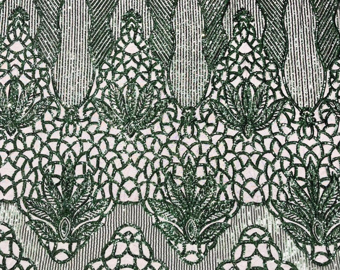 Hunter green shiny floral damask sequin design on a 4 way stretch mesh-prom-sold by the yard.