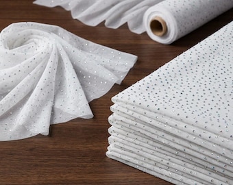 White Rhinestone Mesh Fabric | Sheer Stretch Power Mesh with AB Crystals | Sparkle Fabric for Bridal Dress, Dancewear & Decor