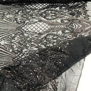 Damask Shiny Sequin Shell Design On a 4 Way Stretch Mesh Fabric -Prom-Sold By The Yard. Gold main image 1