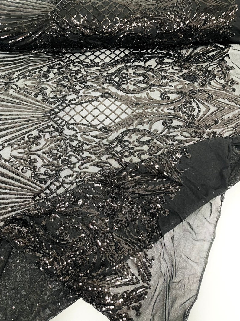 Damask Shiny Sequin Shell Design On a 4 Way Stretch Mesh Fabric -Prom-Sold By The Yard. Royal Blue
