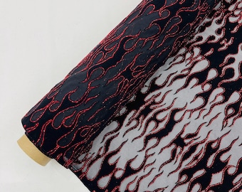 Black - Power Mesh with Black Flocking Flames and Red Glitter Fabric-60” Wide-Hot Rod.