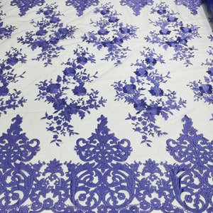 Lavender flowers flat lace embroider on a 2 way stretch mesh sold by the yard.