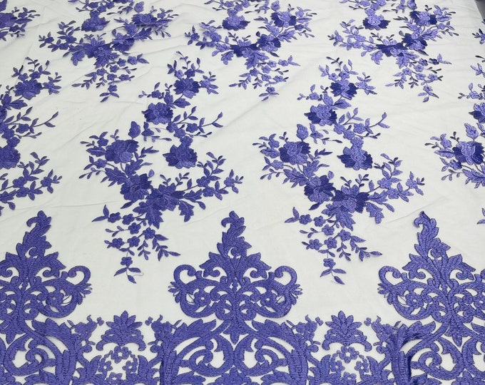 Lavender flowers flat lace embroider on a 2 way stretch mesh sold by the yard.