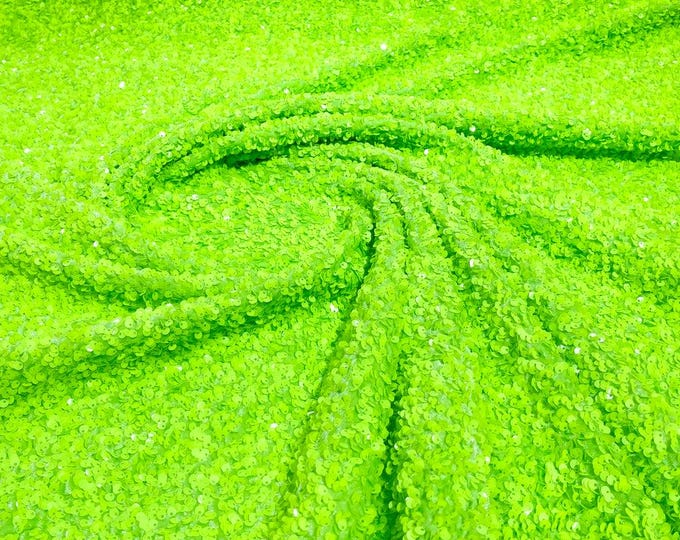 Neon Lime Green stretch velvet with luxury sequins all over 5mm shining sequins 2-way stretch, sold by the yard.