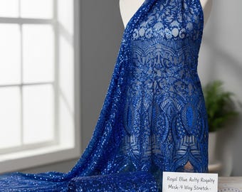 Royalty Sequin Fabric Yard in Royal Blue, Embroidered Mesh