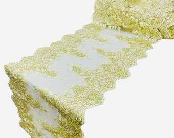 IVORY/GOLD 14"Wide X 90"Long  Sequins Gold Metallic Embroidered Lace on Mesh Fabric, Trim Lace, Table Runner.