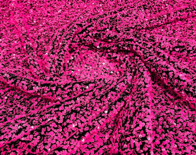 Hot Pink / Black stretch velvet with luxury sequins all over 5mm shining sequins 2-way stretch, sold by the yard.
