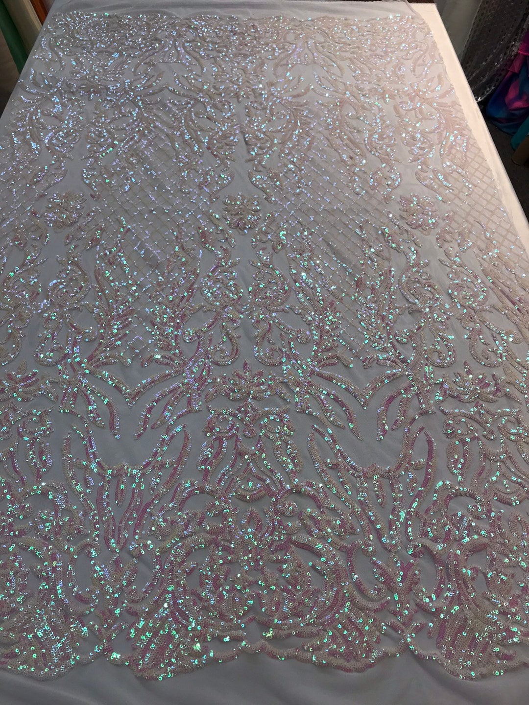 Iridescent White Sequins Damask Design Embroidery on a White 4 Way ...