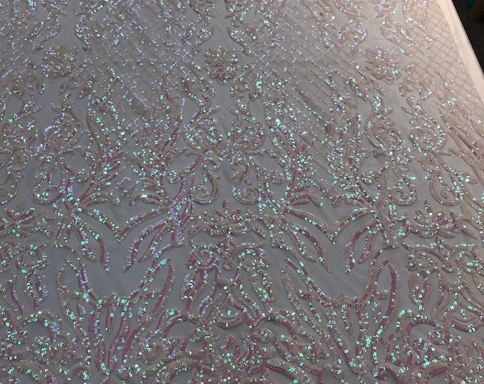 Iridescent white sequins damask design embroidery on a white 4 way stretch power mesh-dresses-fashion-apparel-prom-nightgown-sold by yard.