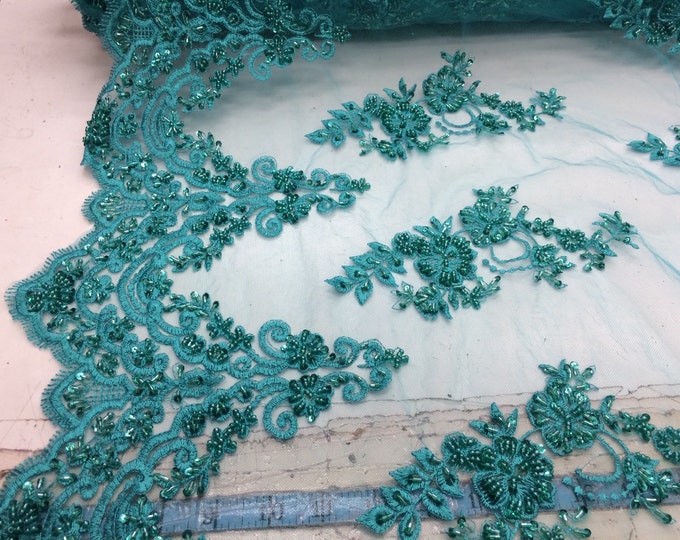 Elegant jade green hand beaded mesh lace. Wedding/ bridal/prom-nightgown- fabric lace.36x50inches. Sold by the yard.