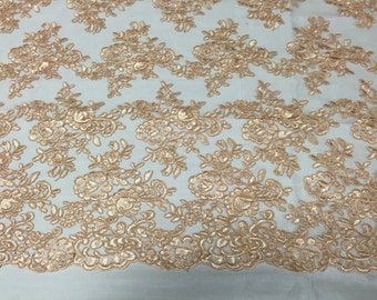 Champagne modern roses embroider on a mesh lace -yard