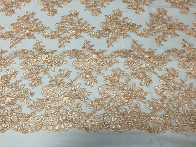 Champagne modern roses embroider on a mesh lace yard