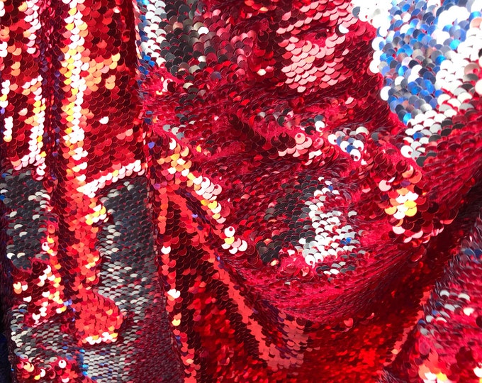 Red-silver shiny flip sequins-mermaid fish scales embroider on a 2 way stretch spandex-dresses-fashion-apparel-pillows-sold by the yard.