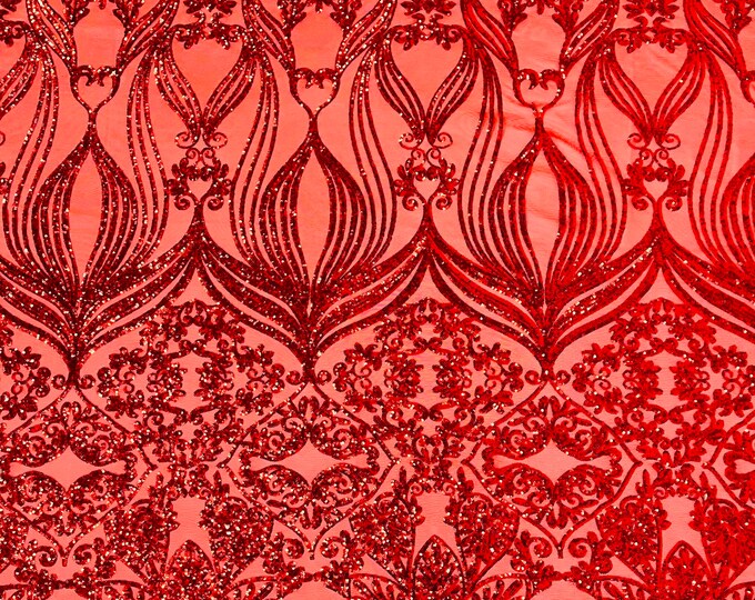 New Red shiny sequin damask design on a 4 way stretch mesh-sold by the yard.