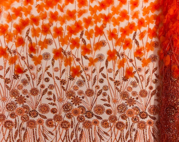 Orange - Luxury 3D Floral/Butterfly Beaded lace, by The Yard.