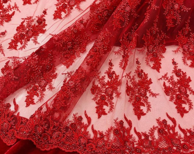 Red Beaded Mesh Lace Fabric By The Yard, Embroidered Bridal Lace For Prom Dresses, Wedding Gowns & Couture Fashion