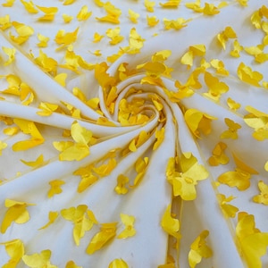 Yellow 3D butterfly metallic design embroider on a mesh fabric - Sold By the Yard .
