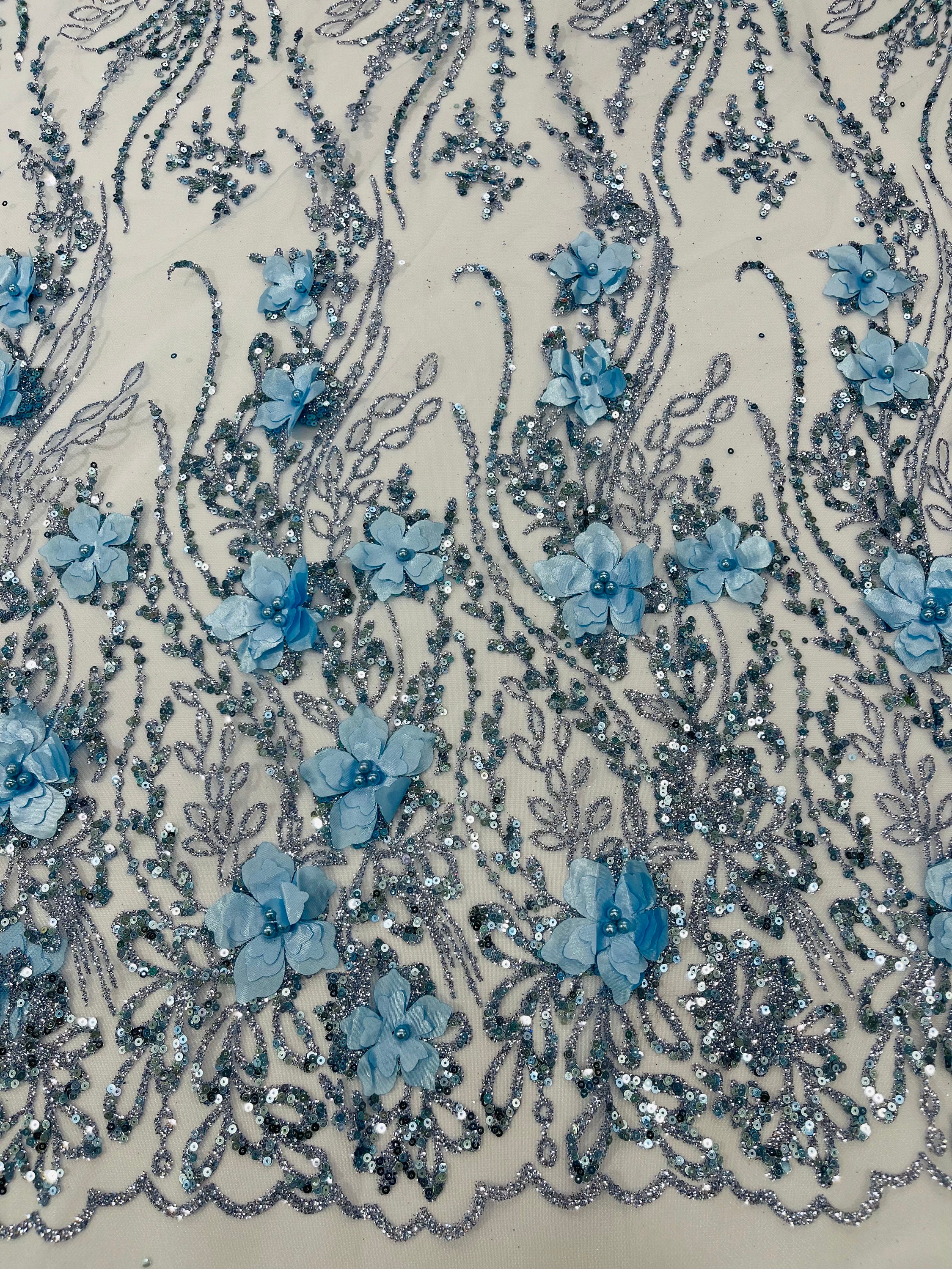 Light Blue 3d Luxury Satin Flower Glitter Sequin Fabric/prom Fabric ...