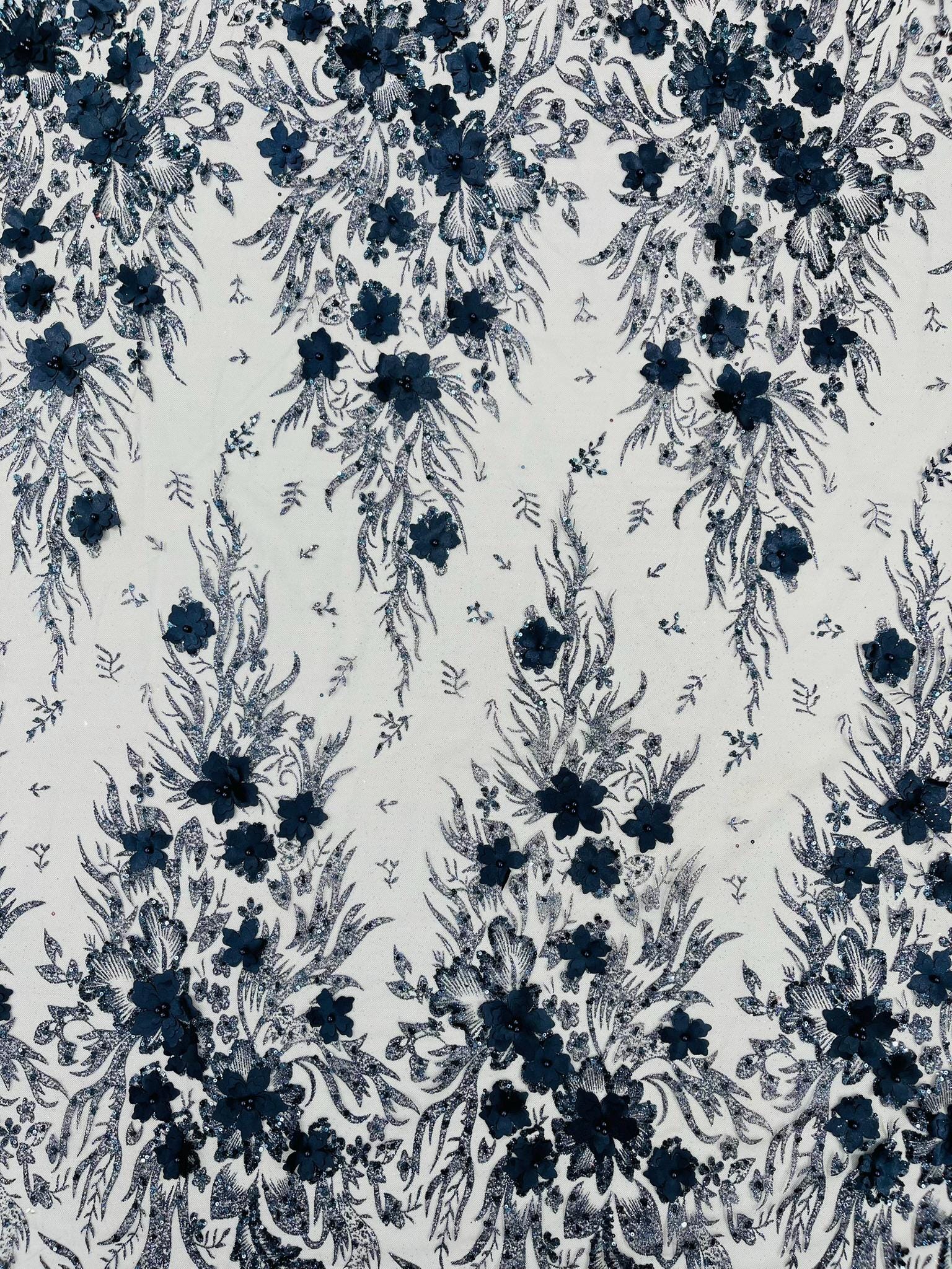 Navy Blue 3D Floral Big Glitter Damask Design on A Mesh Lace Fabric ...