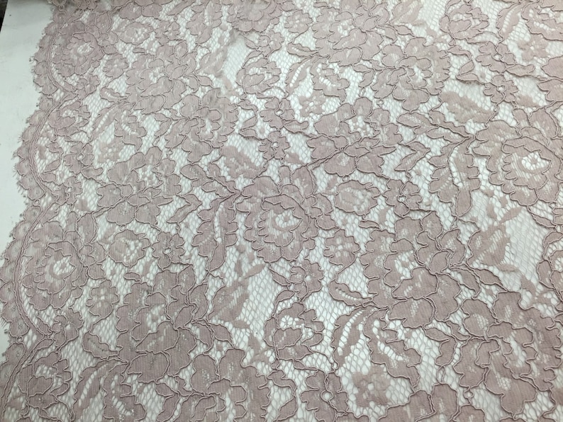 WeddingBridalNightgownsProm-sold by the yard. Mauve vintage corded french lace embroider on a antique mesh