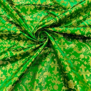 Green/Gold Metallic Small Cross Brocade Jacquard Satin/Religious Brocade/58 Inches Wide/Liturgical Fabric/Church/Vestment