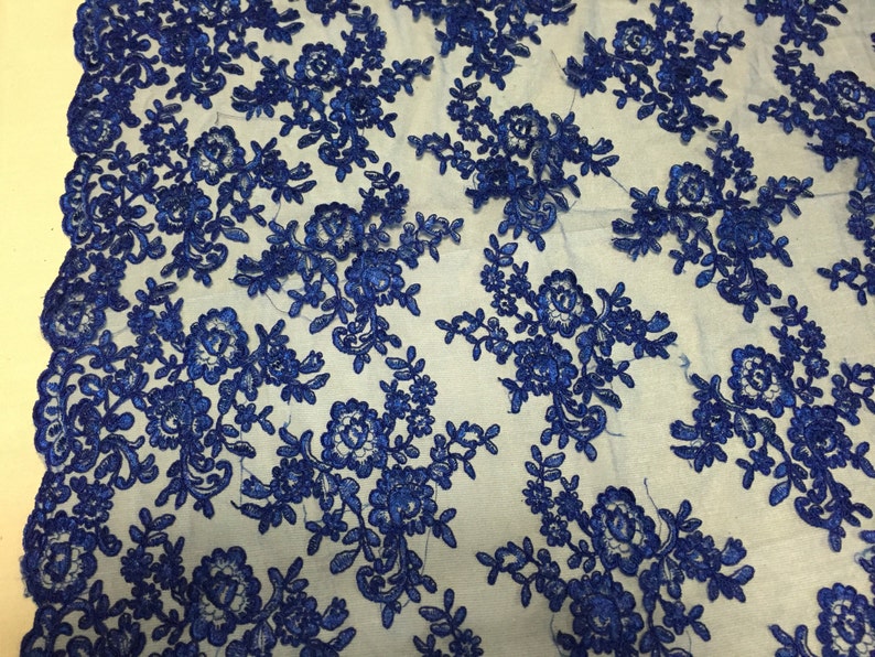 yard Royal blue modern roses embroider and corded on a mesh lace