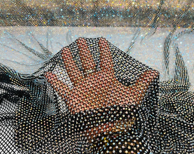 Black AB Iridescent Rhinestones On Soft Stretch Fish Net Fabric 45" Wide -sold by The Yard.