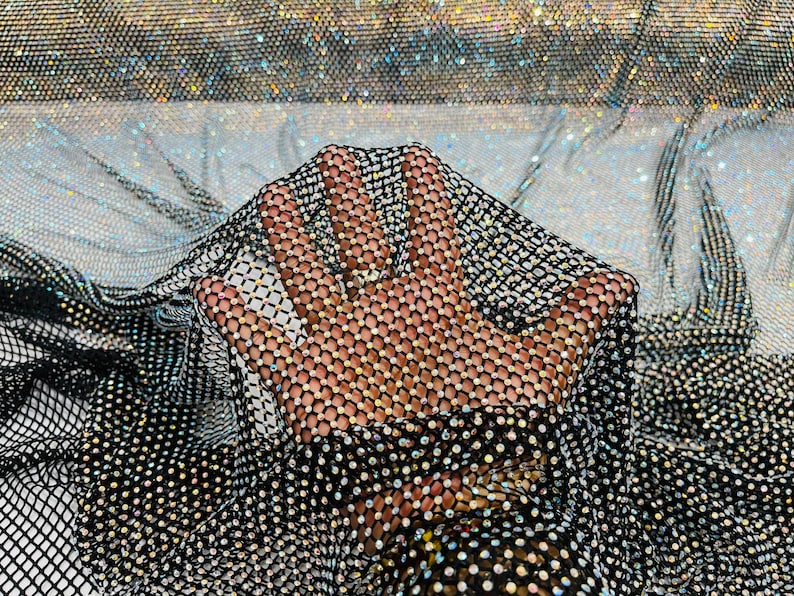 Iridescent Rhinestones On Soft Stretch Fish Net Fabric 45