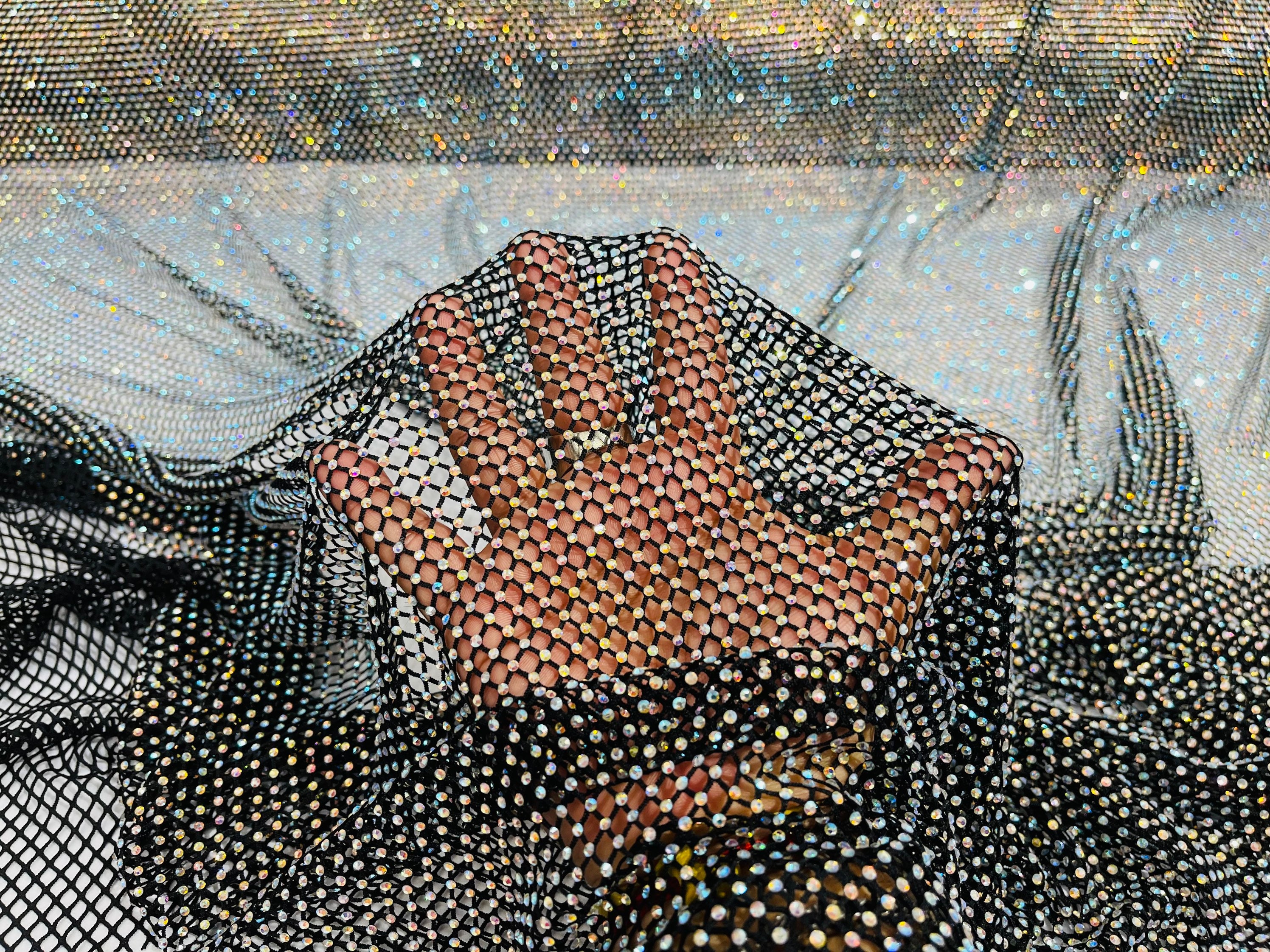 Black AB Iridescent Rhinestones On Soft Stretch Fish Net Fabric 45