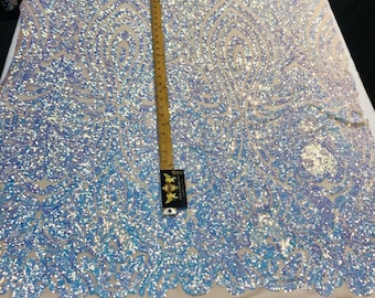 Damask iridescent sequins on a 4 way stretch power mesh fabric-prom-nightgown-sold by the yard-free shipping in the USA.