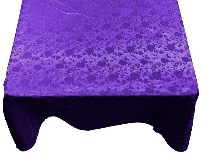 Purple Roses Jacquard Satin Rectangular Tablecloth Seamless/Party Supply.