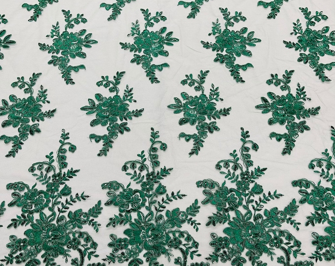 Hunter Green flower lace corded and embroider with sequins on a mesh-Sold by the yard.